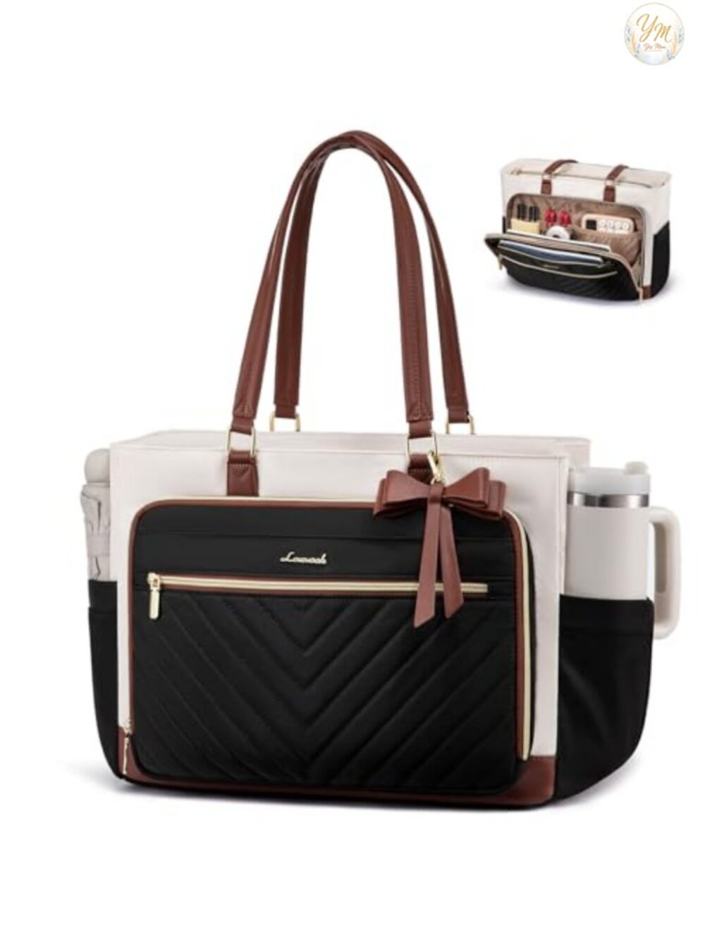 Quilted Laptop Tote Bag PU Leather Handles with Cup Holder, Teacher Nurse Work